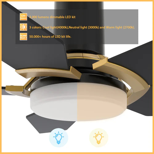 Carro - WOODROW 48 inch 5-Blade Flush Mount Smart Ceiling Fan with LED Light Kit & Remote - Black/Black (Gold Detail)