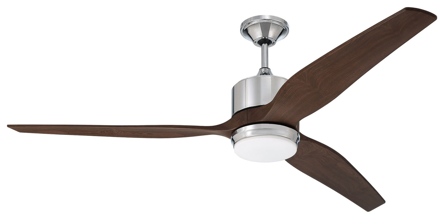 Craftmade - 60" Mobi Ceiling Fan in Chrome Finish with 3 ABS custom walnut blades, remote and LED Light included