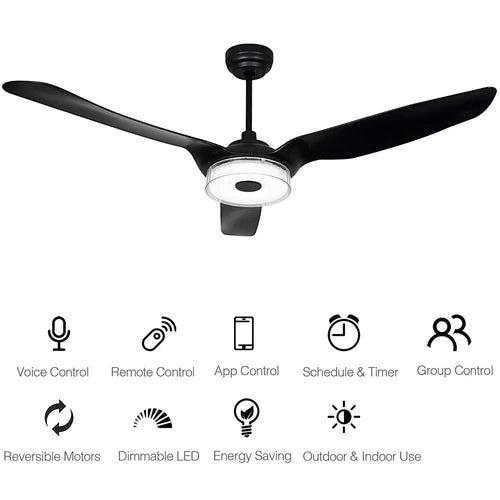 Carro - FLETCHER 60 inch 3-Blade Smart Ceiling Fan with LED Light Kit & Remote - Black/Black
