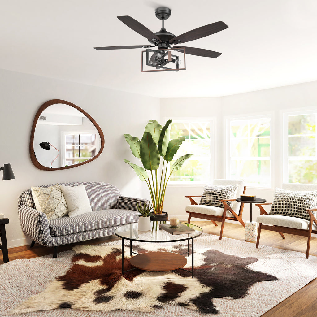 CARRO  - KARSON 52 inch 5-Blade Ceiling Fan with Light & Remote, Industrial Cage - Black/Dark Wood (Reversible Blades)