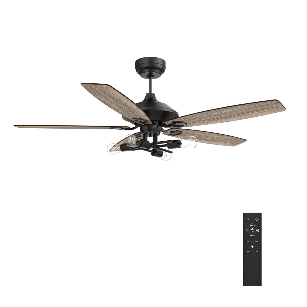 CARRO - KARSON 52 inch 5-Blade Ceiling Fan with Light & Remote, 4-Bulb Light Kit - Black/Dark Wood (Reversible Blades)