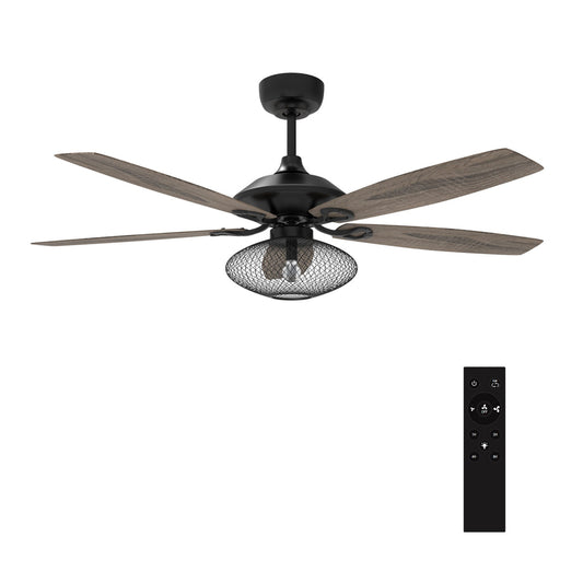 CARRO - KARSON 52 inch 5-Blade Ceiling Fan with Light & Remote, Vintage Mesh Cage - Black/Wood (Reversible Blades)