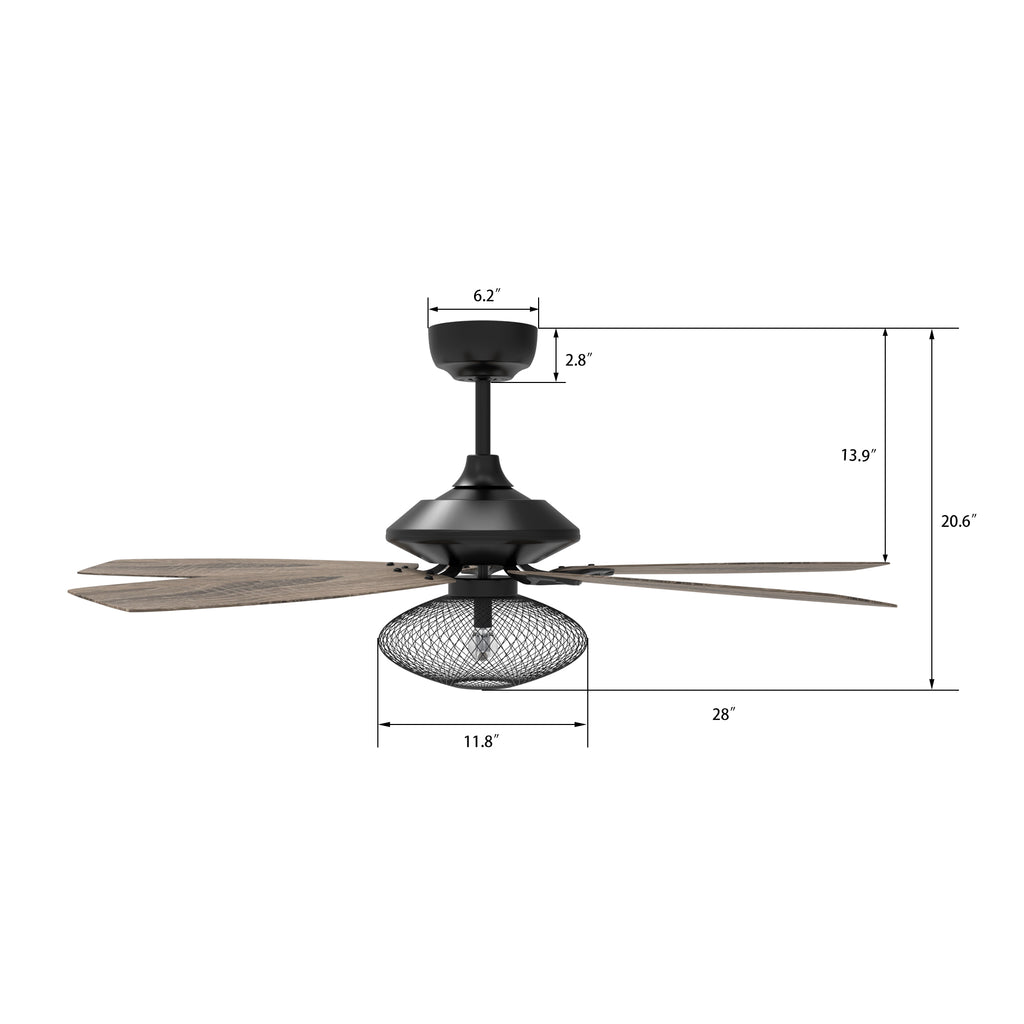 CARRO - KARSON 56 inch 5-Blade Ceiling Fan with Light & Remote, Vintage Mesh Cage - Black/Wood (Reversible Blades)