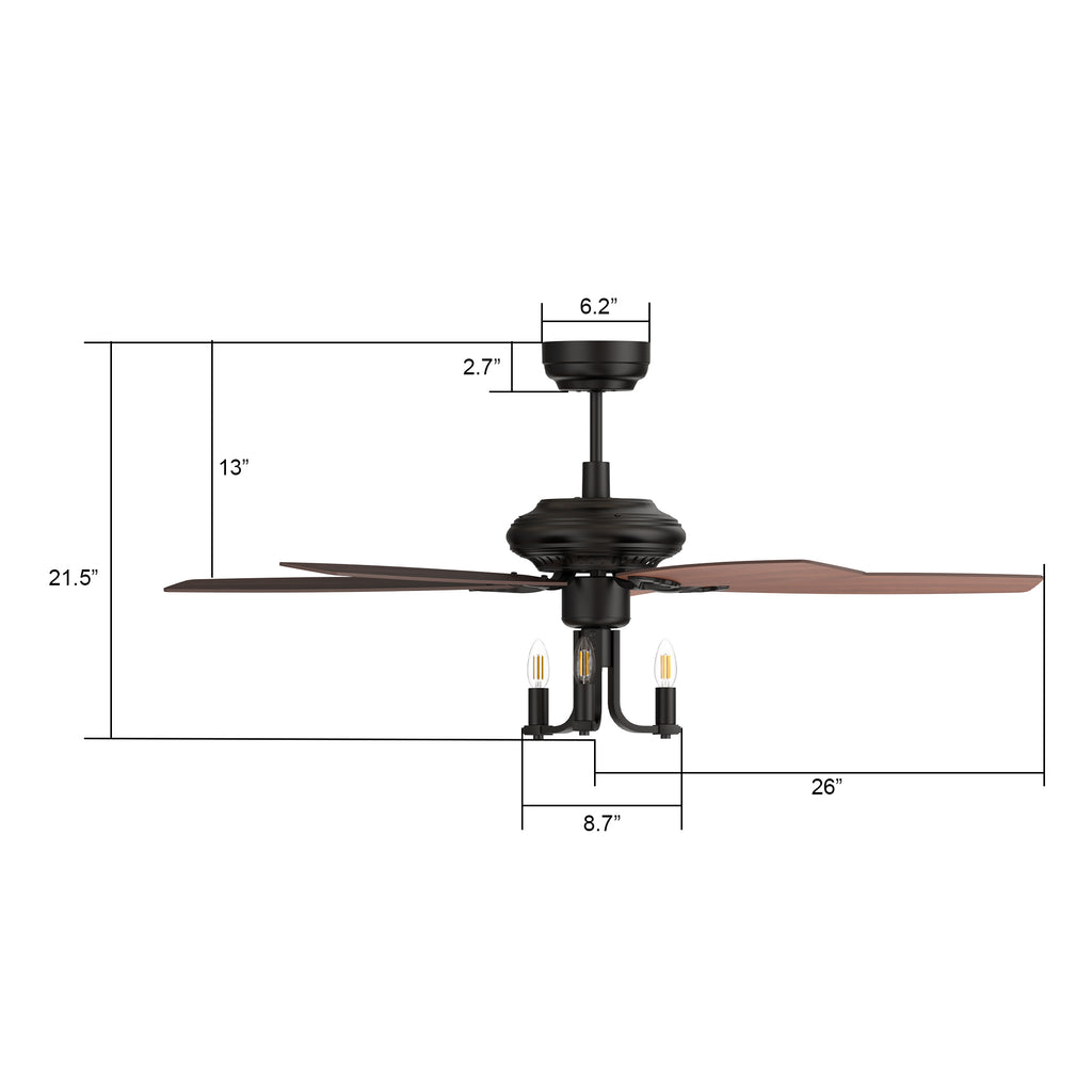 CARRO - HUNTLEY 52 inch 5-Blade Vintage Candelabra Ceiling Fan with Light & Remote Control - Black/Brown Wood & Walnut (Reversible Blades)