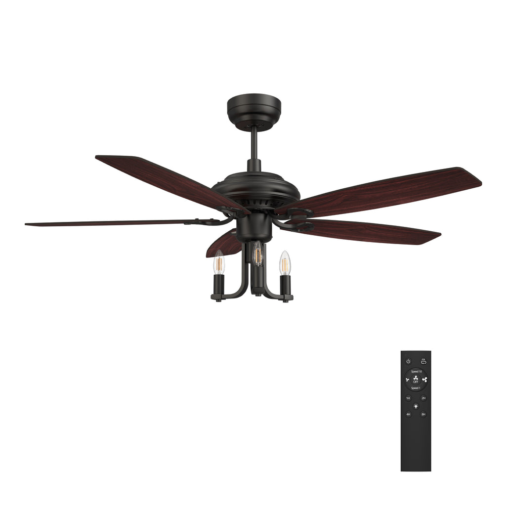CARRO -  HUNTLEY 52 inch 5-Blade Vintage Candelabra Ceiling Fan with Light & Remote Control - Black/Brown Wood & Rosewood (Reversible Blades)