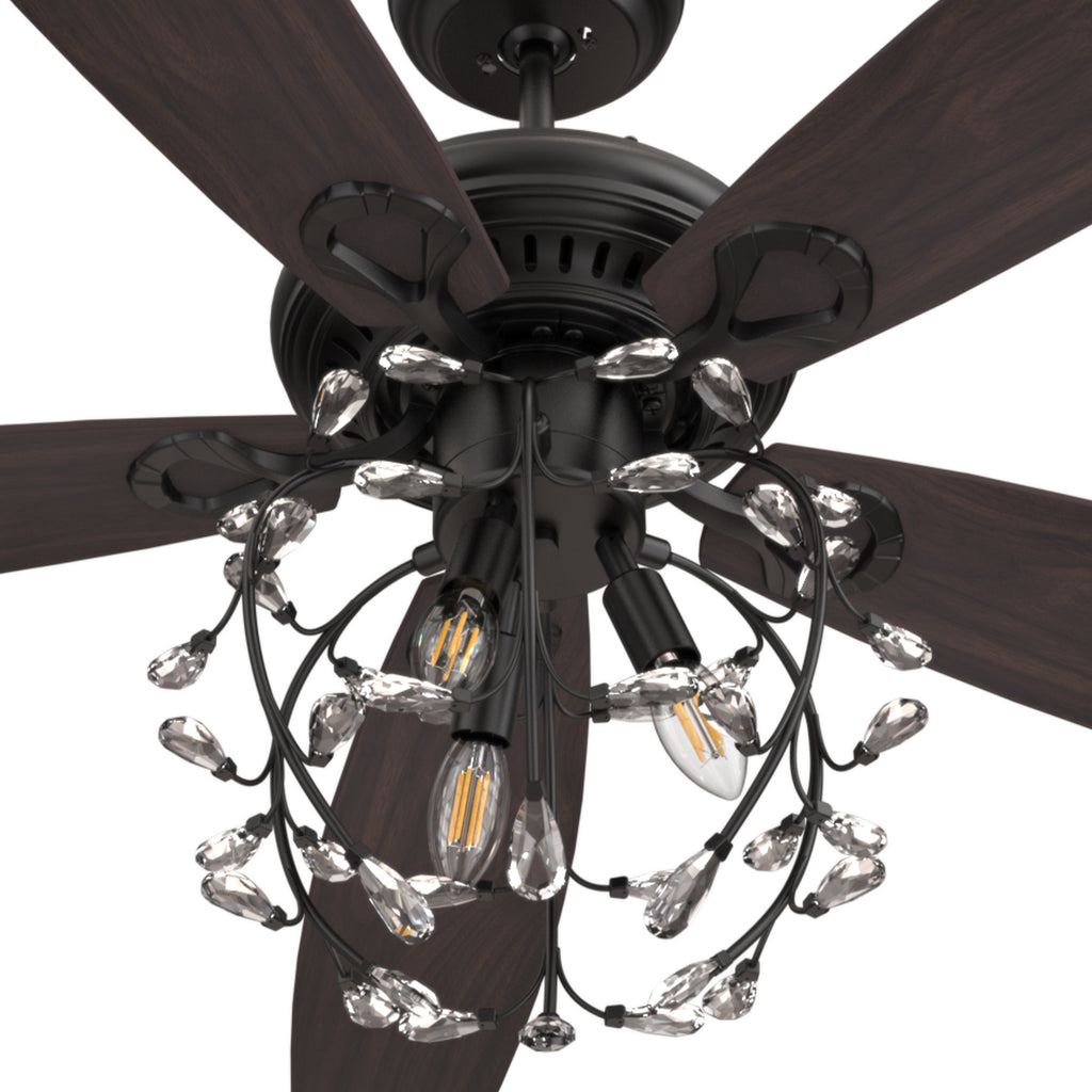 CARRO - HUNTLEY 52 inch 5-Blade Crystal Candelabra Ceiling Fan with Light & Remote Control - Black/Light Wood & Walnut (Reversible Blades)