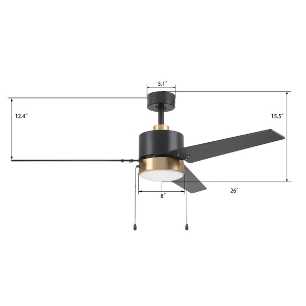 Carro - KESTEVEN 52 inch 3-Blade Ceiling Fan with Pull Chain - Black/Black (Gold Detail)