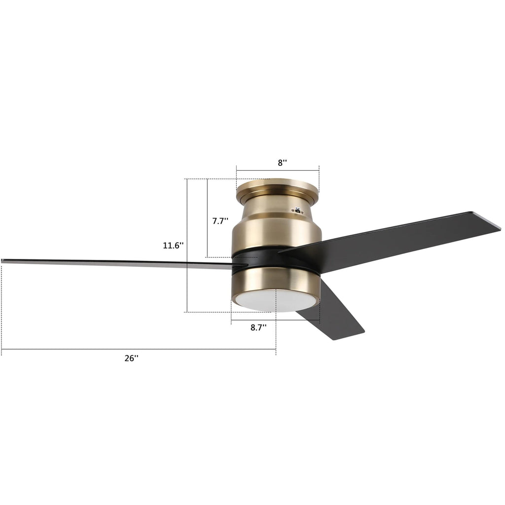 CARRO - RAIDEN 52 inch 3-Blade Flush Mount Smart Ceiling Fan with LED Light Kit & Smart Wall Switch - Gold/Black