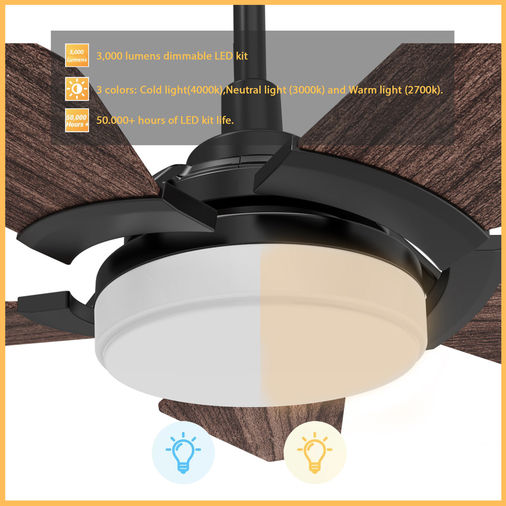 CARRO  - WOODROW 52 inch 5-Blade Smart Ceiling Fan with LED Light Kit & Remote - Black/Dark Wood