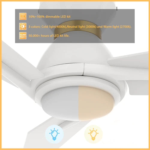 Carro - CALEN 44 inch 3-Blade Flush Mount Smart Ceiling Fan with LED Light Kit & Remote Control- White/White (Gold Detail)