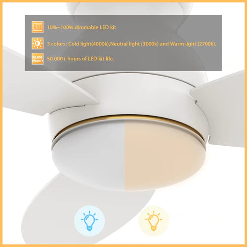 Carro - TRENTO 44 inch 3-Blade Flush Mount Smart Ceiling Fan with LED Light Kit & Remote- White/White