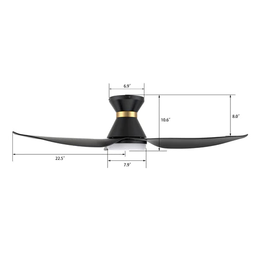 Carro - RYATT 45 inch 3-Blade Flush Mount Smart Ceiling Fan with LED Light Kit & Remote- Black/Black (Gold Detail)