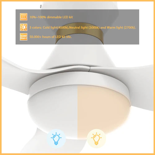 Carro - RYATT 45 inch 3-Blade Flush Mount Smart Ceiling Fan with LED Light Kit & Remote- White/White (Gold Detail)