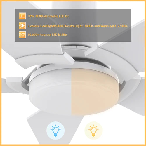 Carro - WOODROW 48 inch 5-Blade Flush Mount Smart Ceiling Fan with LED Light Kit & Remote - White/White