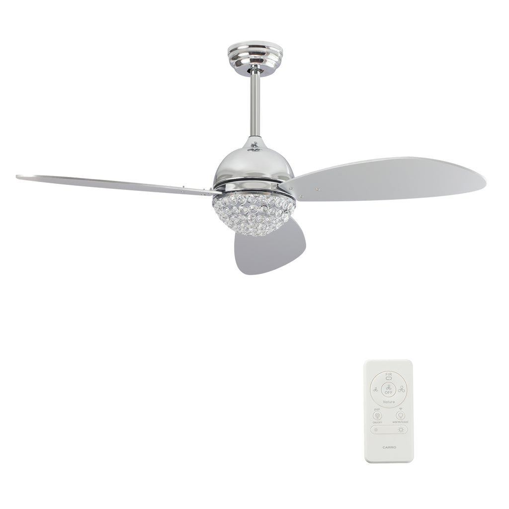 CARRO - COREN 52 inch 3-Blade Crystal Chandelier Smart Ceiling Fan with LED Light Kit & Remote - Silver/Silver