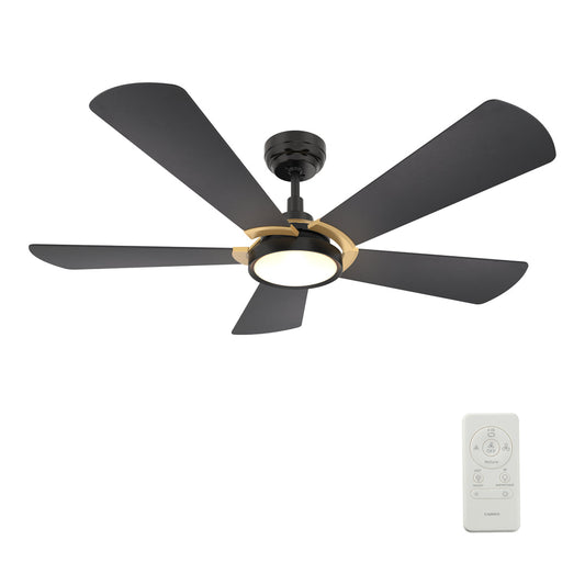 CARRO - WINSTON 52 inch 5-Blade Smart Ceiling Fan with LED Light Kit & Remote Control- Black/Black (Gold Detail)