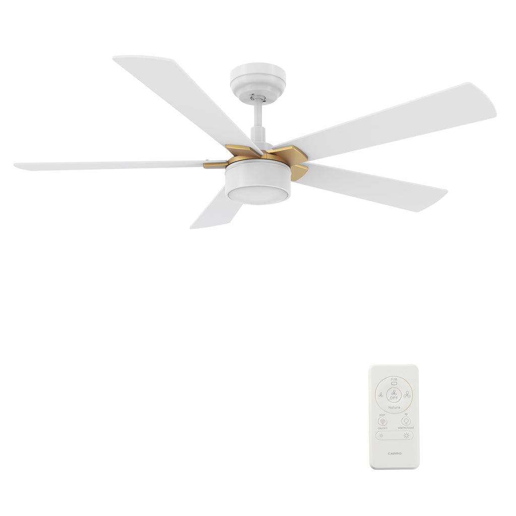 CARRO  - STOCKTON 52 inch 5-Blade Smart Ceiling Fan with LED Light Kit & Remote Control- White/White (Gold Details)