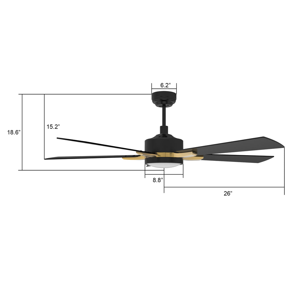 CARRO  -  APPLETON 52 inch 5-Blade Smart Ceiling Fan with LED Light Kit & Remote Control- Black/Black (Gold Detail)