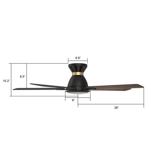 Carro - ESPEAR 52 inch Flush Mount 5-Blade Smart Ceiling Fan with LED Light Kit & Remote - Black (Gold Detail) /Walnut & Barnwood (Reversible Blades)