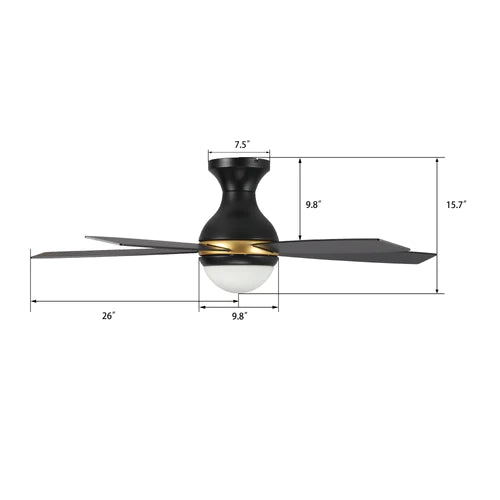 Carro - TWISTER 52 inch 5-Blade Flush Mount Smart Ceiling Fan with LED Light Kit & Remote- Black/Black (Gold Detail)