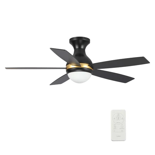 Carro - TWISTER 52 inch 5-Blade Flush Mount Smart Ceiling Fan with LED Light Kit & Remote- Black/Black (Gold Detail)