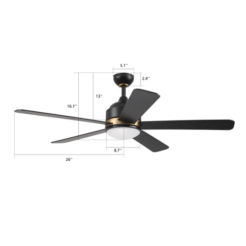Carro - SIMOY 52 inch 5-Blade Smart Ceiling Fan with LED Light Kit & Wall Switch - Black/Black (Gold Detail)