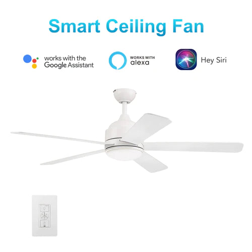 Carro - SIMOY 52 inch 5-Blade Smart Ceiling Fan with LED Light Kit & Wall Switch - White/White & Light Wood (Reversible Blade)