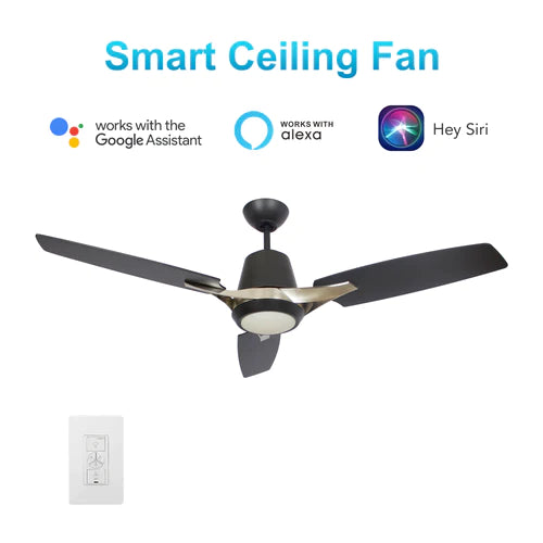 Carro - EUNOIA 52 inch 3-Blade Smart Ceiling Fan with LED Light Kit & Wall Switch - Brushed Nickel/Black