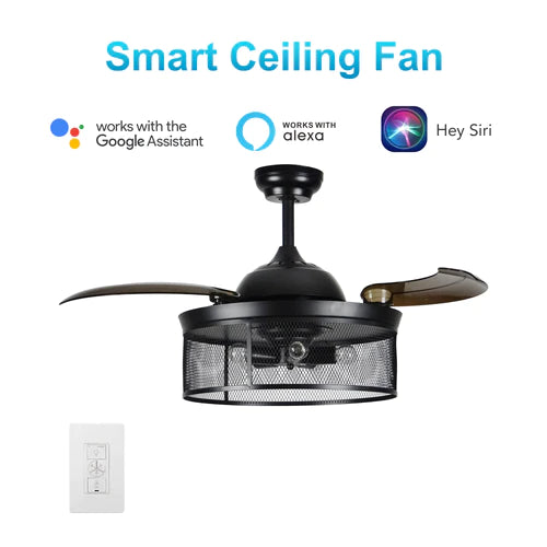 Carro - PALOMA 42 inch 3-Blade Retractable Blades Smart Ceiling Fan with Wall Switch - Black/Dark Brown