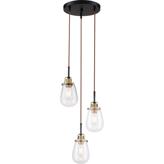 Toleo- 3 Light Chandelier - with Clear Glass-Black Finish with Vintage Brass Accents