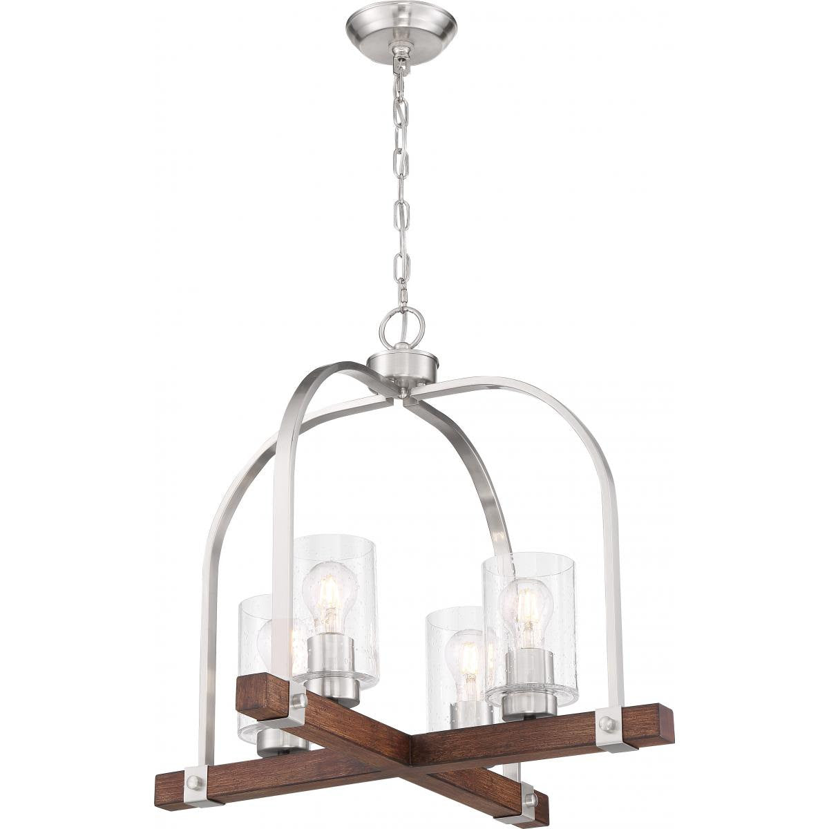 Nuvo AARABEL 4 LIGHT CHANDELIER with Clear Seeded Glass - Brushed Nickel and Nutmeg Wood Finish